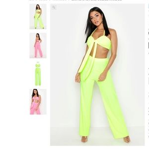Slinky Rib Tie Front Bralet & Wide Leg Pants Co-Or